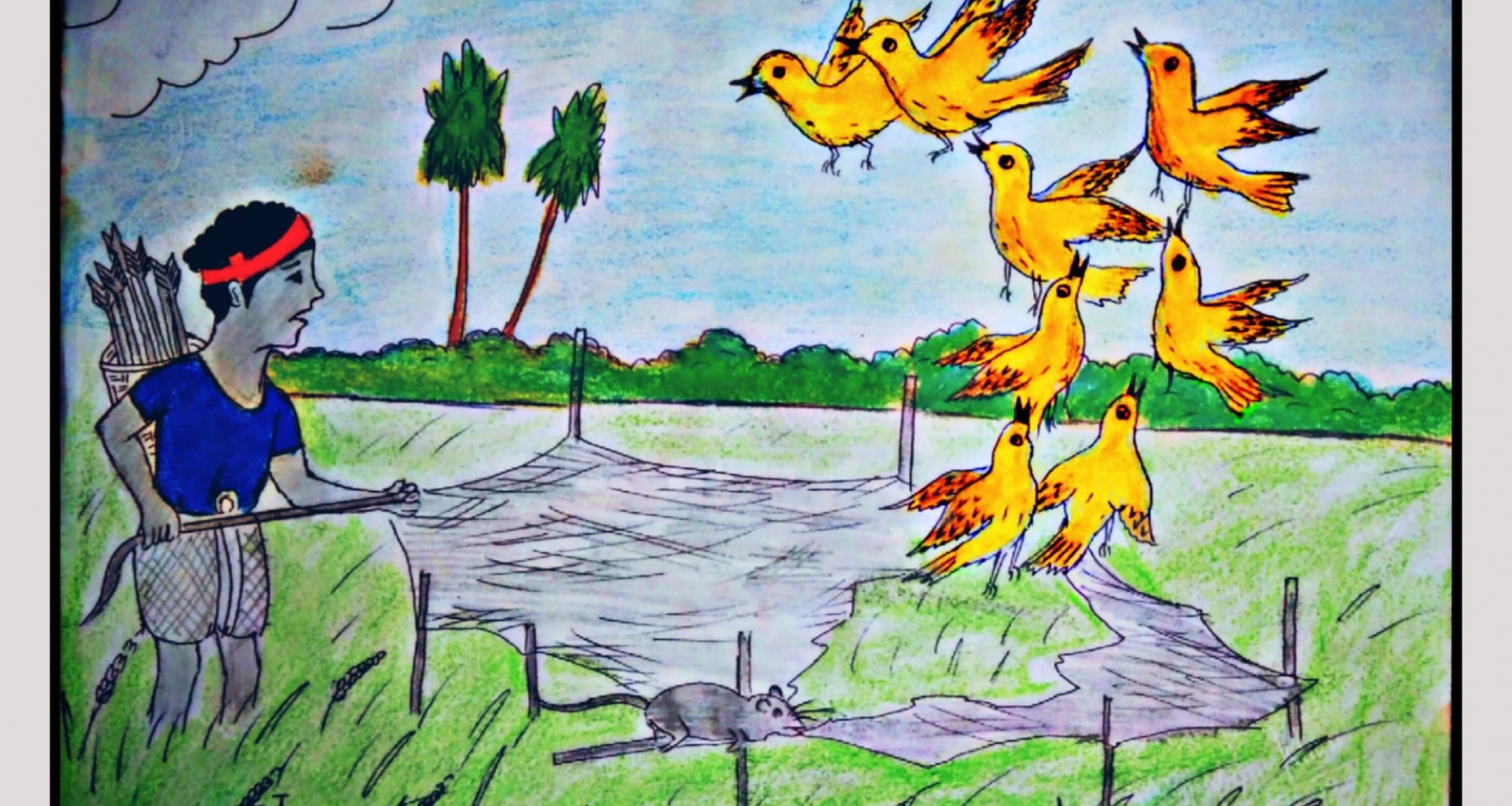 "A Hunter and a Flock of Heron," illustration bt Mayyu Khan, a Rohingya artist living in Kutupalong Refugee Camp, from "Rohingya Folk Tales" by Mohammed Rezuwan. A drawing of a man and a group of yellow birds.