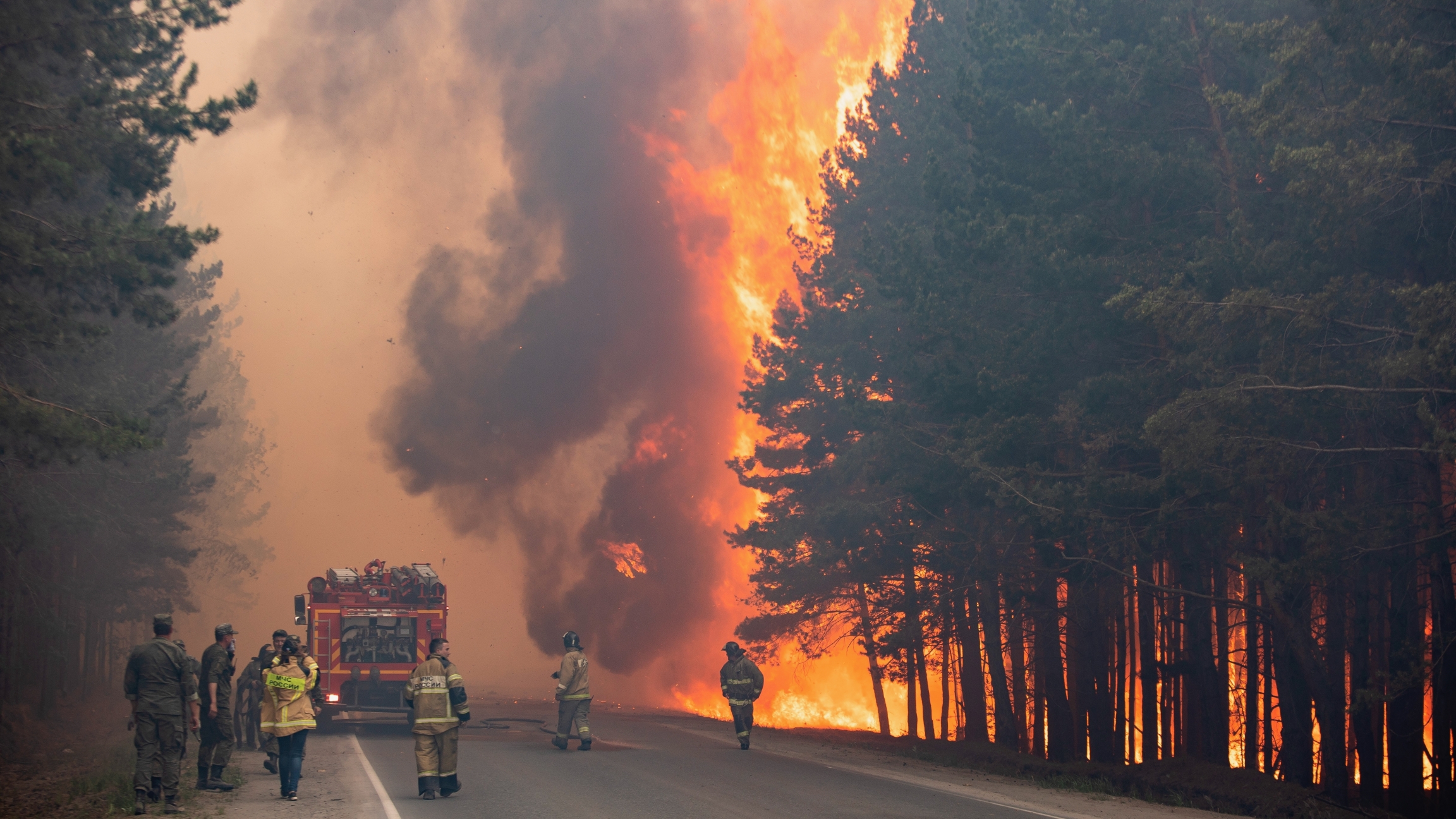 Firefighters work at the scene of a forest fire near Andreyevsky village outside Tyumen, western Siberia, Russia, June 16, 2021. Firefighters work at the scene of a forest fire near Andreyevsky village outside Tyumen, western Siberia, Russia, June 16, 2021.