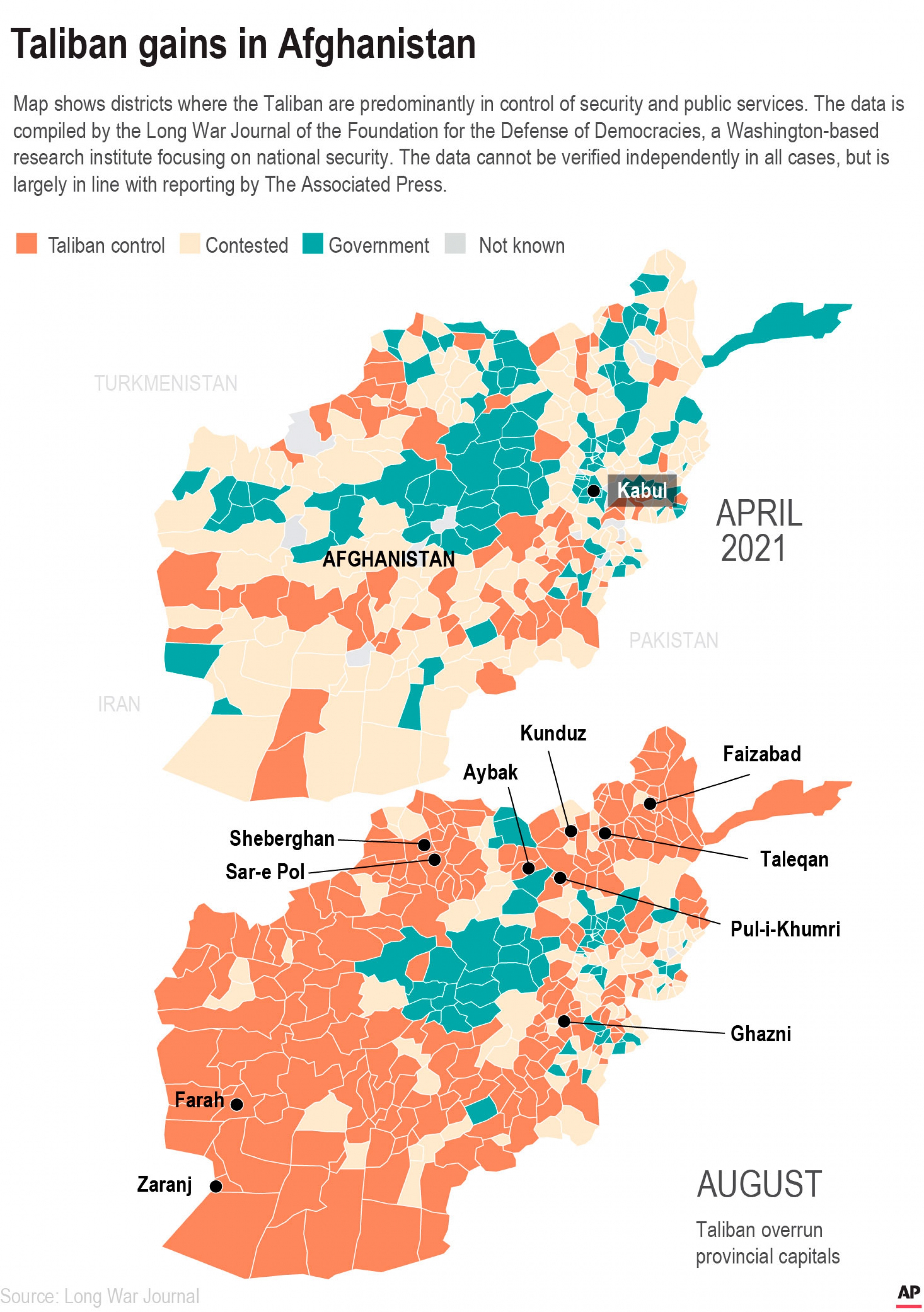 Taliban gains in Afghanistan. A tri-colored map shows territory controlled in Afghanistan from April 2021 to August 2021.