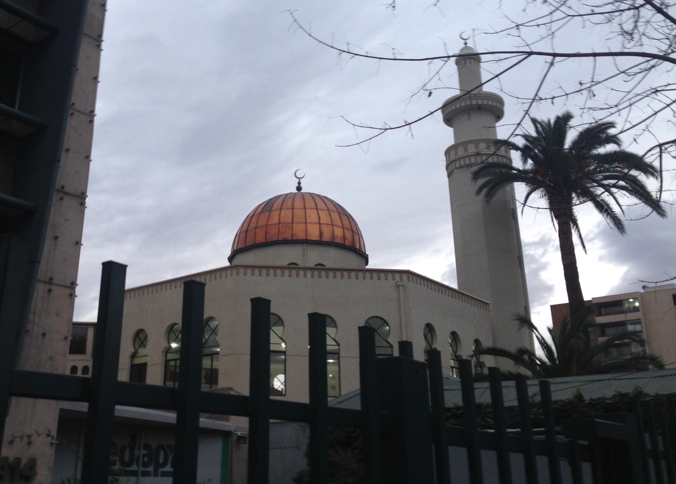 Exterior of the Mezquita as-Salaam mosque in Santiago, Chile, with a dome, minaret and palm tree