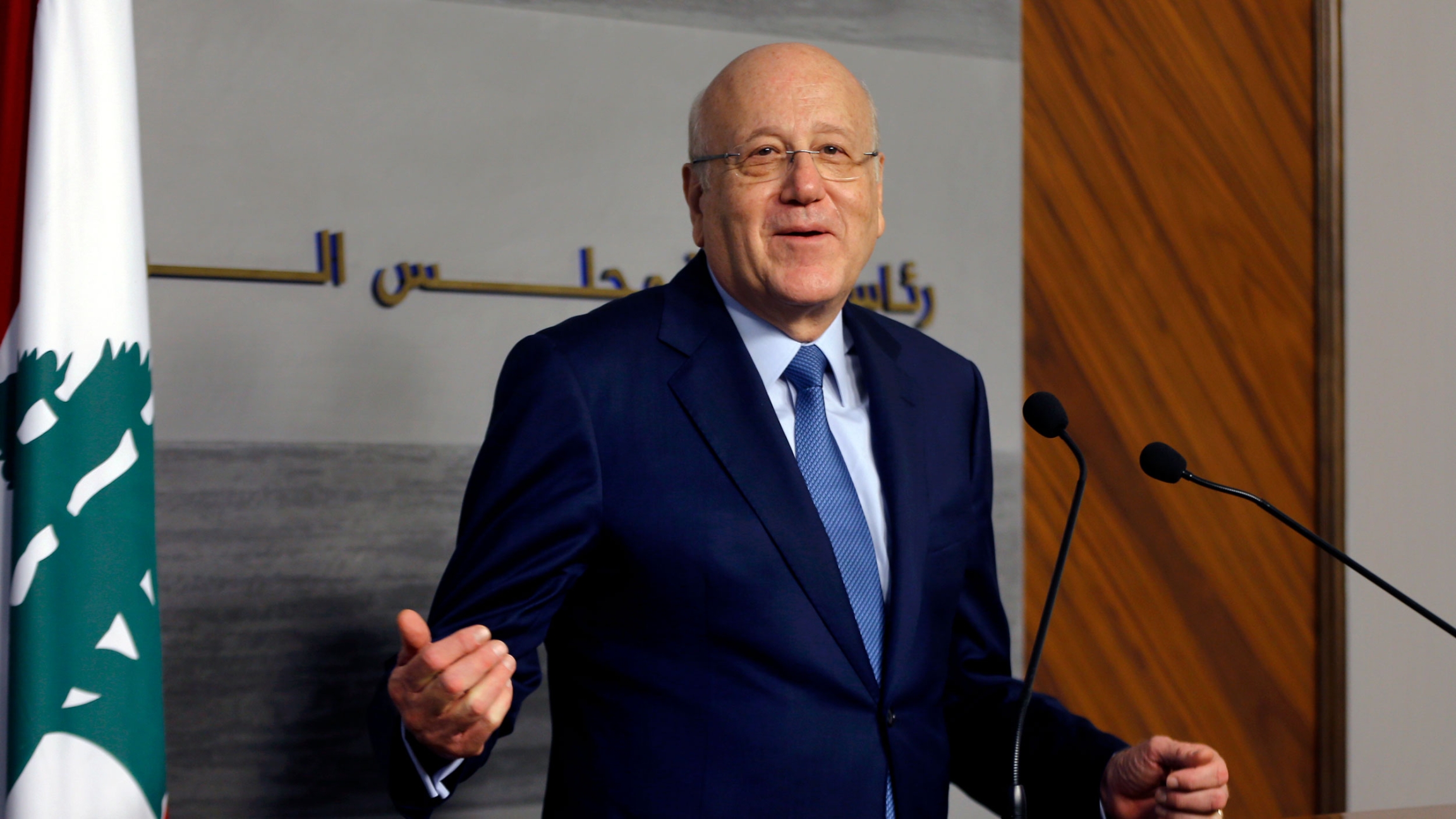 Lebanese Prime Minister Najib Mikati speaks during a joint press conference with his Jordanian counterpart Bisher Khasawneh, at the Government House in downtown Beirut, Lebanon, Thursday, Sept. 30, 2021. Lebanese Prime Minister Najib Mikati speaks during a joint press conference with his Jordanian counterpart Bisher Khasawneh, at the Government House in downtown Beirut, Lebanon, Thursday, Sept. 30, 2021.