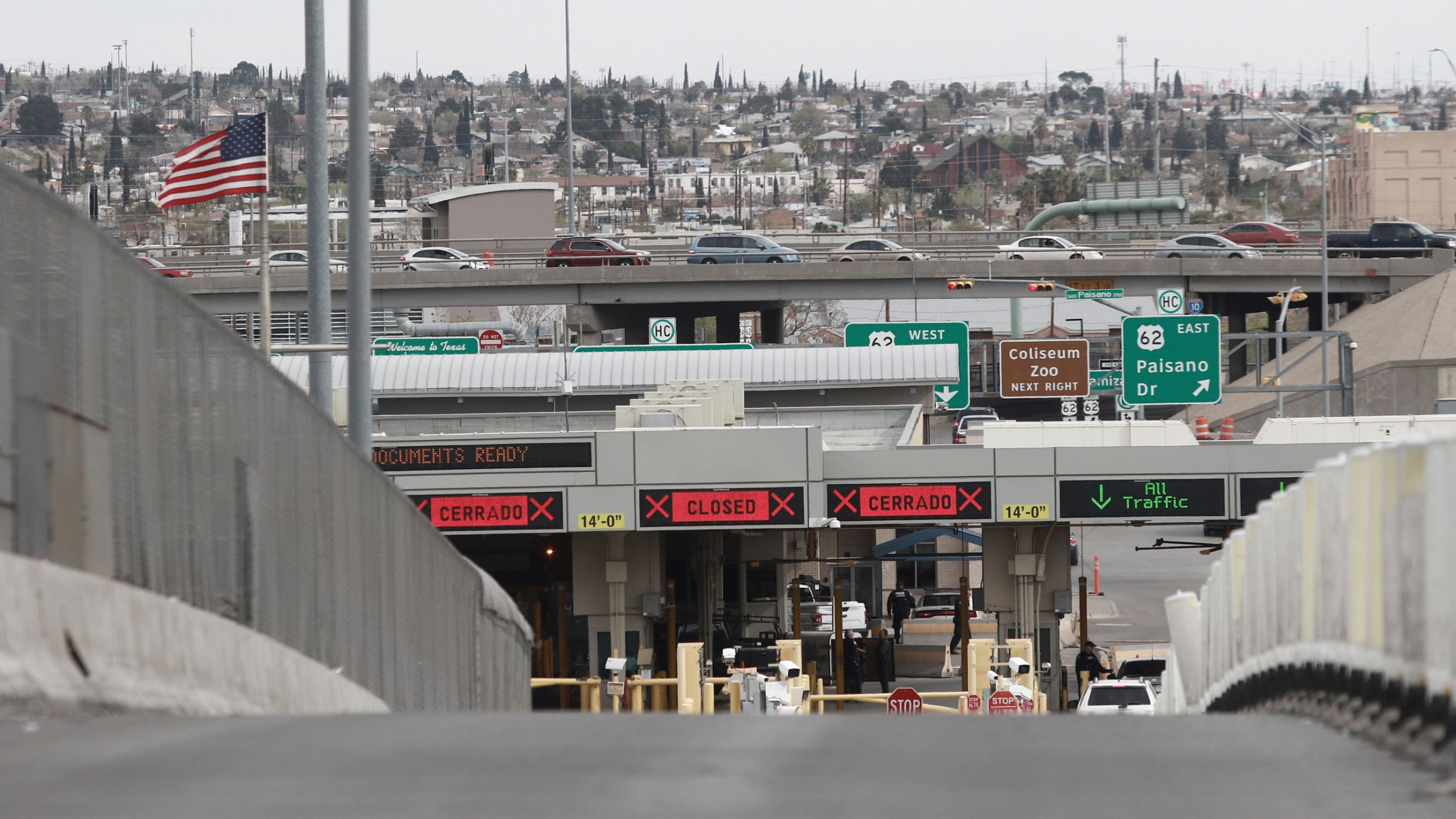 Digital signs signal closed at an international bridge checkpoint at the US-Mexico border that joins Ciudad Juarez and El Paso, Saturday, March 21, 2020. Digital signs signal closed at an international bridge checkpoint at the US-Mexico border that joins Ciudad Juarez and El Paso, Saturday, March 21, 2020.