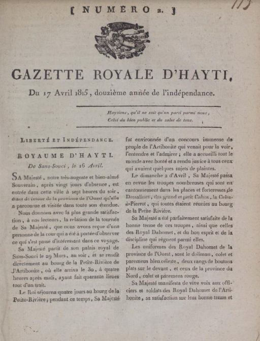 An April 1815 issue of The Gazette Royale details how the Kingdom of Hayti foiled France’s attempt to reconquer its former colony.
