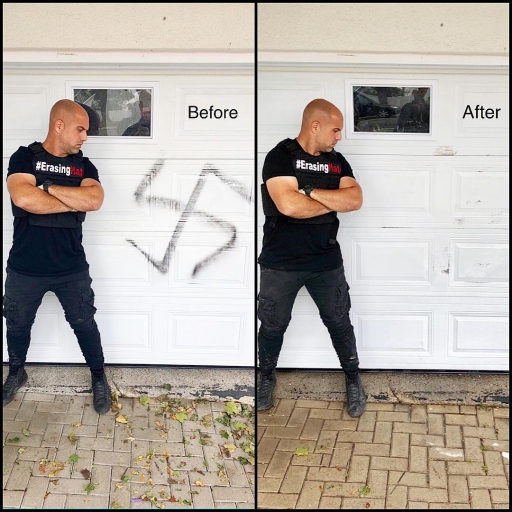 Corey Fleisher #ErasingHate before and after picture. A before and after photo of Corey Fleisher standing in front of a white door. On the left, he looks at a spray-painted swastika on the door. On the right, he looks at a clean white door.