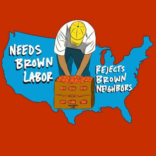 An illustration of a man leaning over a box of fruit in front of an outline of the US