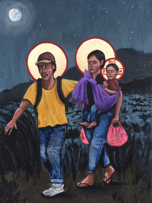 Refugees la sagrada familia Latinx man, woman and child in modern clothes painted in the style of iconography