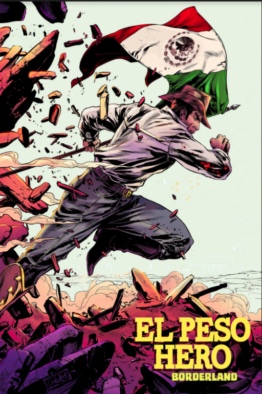 A comic superhero running with a Mexican flag behind him