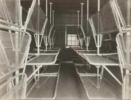 A black and white photo of racks of metal cots.
