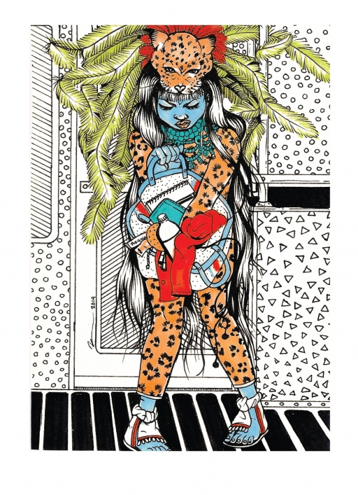 An illustration of a female digging through a bag