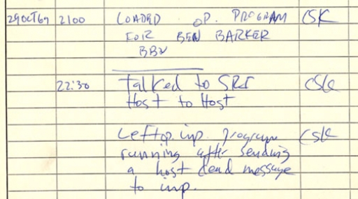The log page showing the connection from UCLA to Stanford Research Institute on Oct. 29, 1969. The log page showing the connection from UCLA to Stanford Research Institute on Oct. 29, 1969.