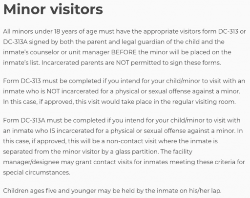 Pennsylvania Department of Corrections official rules for children visitors. Text outlining policy for minors visiting.