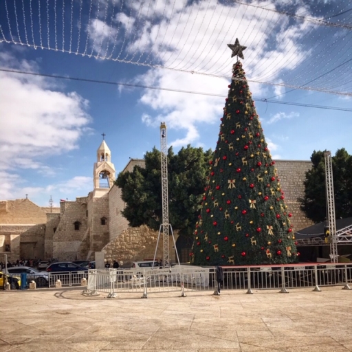 Manger Square with Christmas tree and Church of the Nativity in background. Christmas tree in front of Church of Nativity