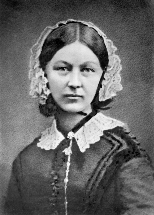 Florence Nightingale, c. 1860. A portrait of Florence Nightingale wearing a white lace bonnet.