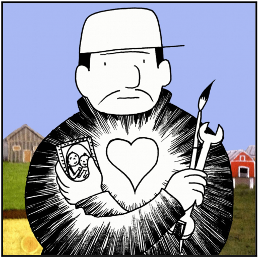 El Migrante A comic book panel of a man clutching a photo, wrench and paint brush