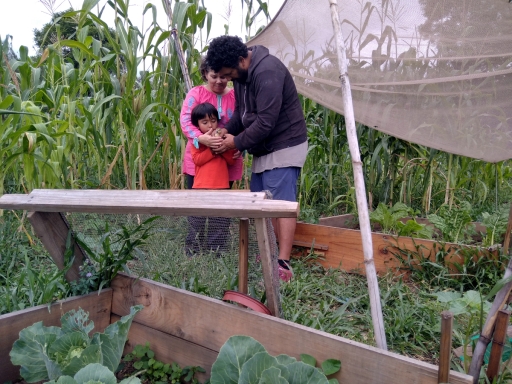 Zaín Méndez Madrazo and his parents in the garden they started during their month of confinement. A family works in a garden together.