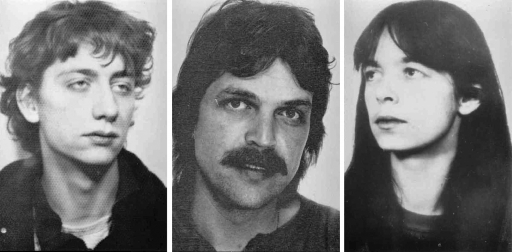 The undated wanted photos provided by German Federal Criminal Police show from left, Burkhard Garweg, Ernst-Volker Wilhelm Staub and Daniela Klette, suspected members of the RAF. Three mug shots in black and white of suspected members of a terror group, RAF.