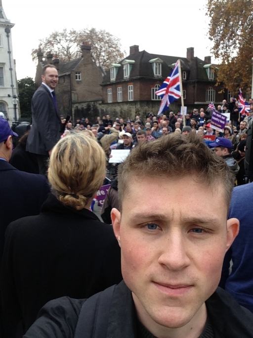 Patrik Hermansson went undercover with far-right groups in the US for one year. A white man with blond hair takes a selfie at a rally