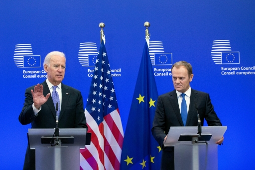 Former US Vice President Joe Biden holds a joint statement with European Council President Donald Tusk ahead of a meeting to discuss events in the Ukraine at EU Council headquarters in Brussels Feb. 6, 2015.