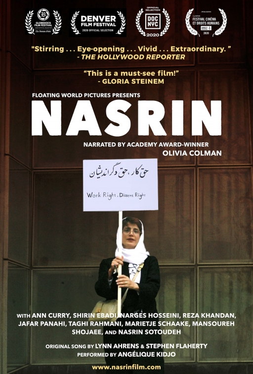 Nasrin Sotoudeh holds a protest sign in Tehran in a scene from the film "Nasrin," directed by Jeff Kaufman and narrated by Oscar winner Olivia Colman. Nasrin Sotoudeh holds a protest sign in Tehran in a scene from the film "Nasrin," directed by Jeff Kaufman and narrated by Oscar winner Olivia Colman.