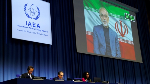 IAEA Director General Rafael Grossi listens as head of Iran's Atomic Energy Organization Ali-Akbar Salehi delivers his speech at the opening of the IAEA General Conference at their headquarters in Vienna, Austria, Sept. 21, 2020.