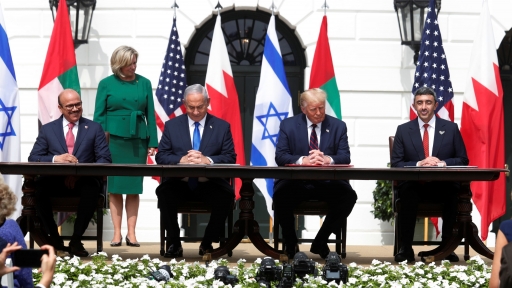 Bahrain's Foreign Minister Abdullatif al-Zayani, Israel's Prime Minister Benjamin Netanyahu, US President Donald Trump and UAE Foreign Minister Abdullah bin Zayed Al Nahyan participate in the signing ceremony of the Abraham Accords in Washington, DC, Sept