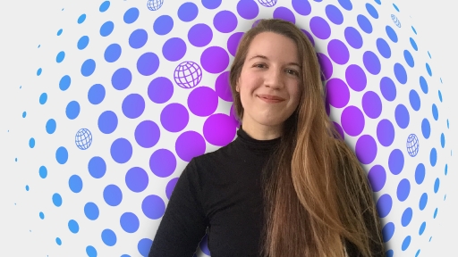 Portait of Amanda McGowan on a purple and blue illustration background