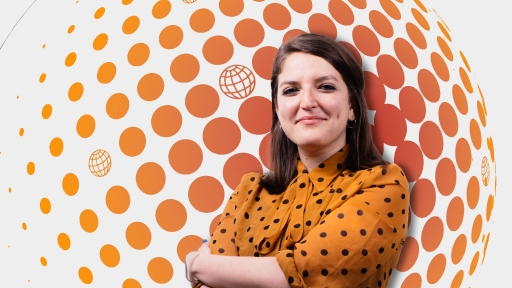 Portait of Anna Kusmer on an orange and red illustration background