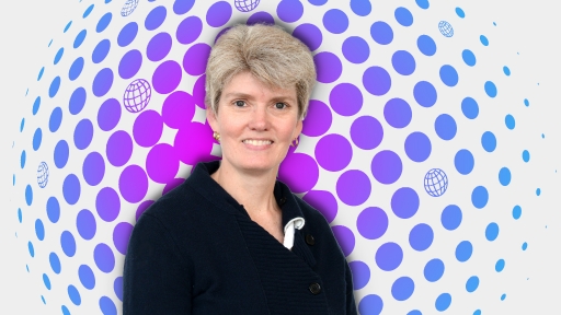Portait of April Peavey on a purple and blue illustration background