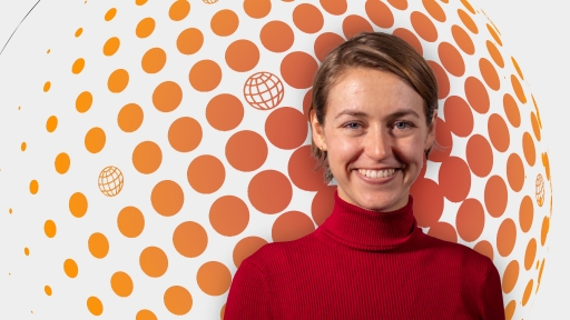 Portait of Bianca Hillier on an orange and red illustration background