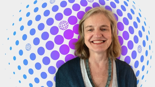 Portait of Carol Hills on a purple and blue illustration background