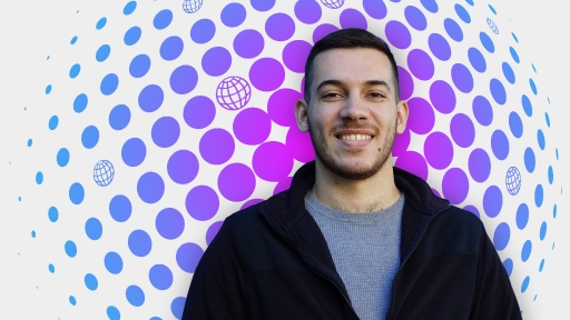 Portait of Daniel Ofman on a purple and blue illustration background