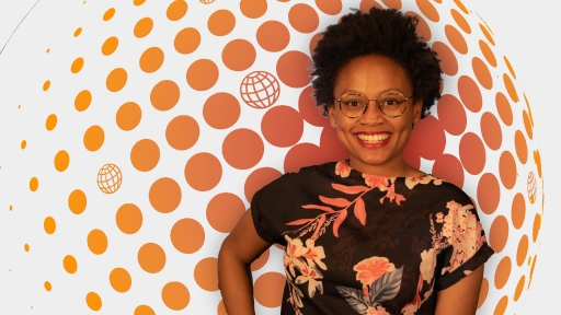 Portait of Halima Gikandi on an orange and red illustration background