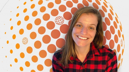 Portait of Jessica Yarmosky on an orange and red illustration background