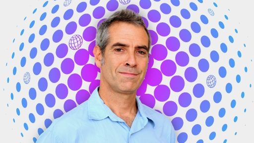 Portait of Marco Werman on a purple and blue illustration background