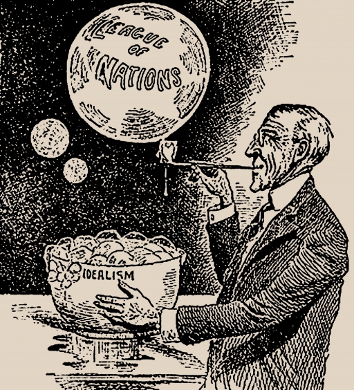 Blowing bubbles – a cartoonist’s verdict on Woodrow Wilson’s attempt at international cooperation. A cartoonist depiction of a man (Woodrow Wilson) blowing a bubble labeled "League of Nations" out of a bowl labeled "Idealism"