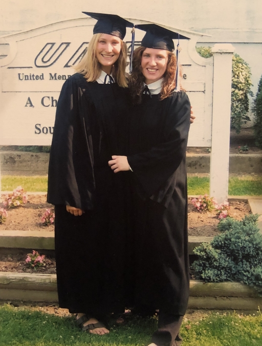Chrissy Kelton, a retirement living consultant at Chartwell Avondale Retirement Residence in Toronto, has known Kingsville, Ontario resident Maylin Tiessen for years. Two young women wear graduation robes and caps and stand close for a photo.