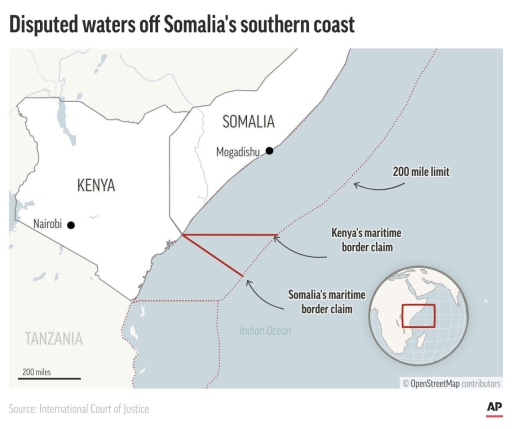 Map shows the Kenya-Somalia coastline and disputed area. Map shows the Kenya-Somalia coastline and disputed area.