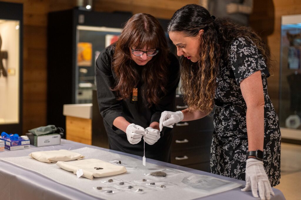 Two women wearing gloves examine artifacts on a table covered with a cloth, in a museum or laboratory setting.
